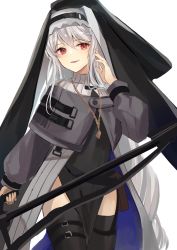 Rule 34 | 1girl, arknights, azuazu 0405, black dress, black thighhighs, capelet, cowboy shot, dress, garter straps, grey capelet, grey jacket, habit, highres, jacket, long hair, nun, parted lips, pelvic curtain, red eyes, simple background, solo, specter (arknights), thighhighs, very long hair, white background, white hair