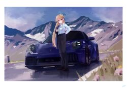 1girl absurdres belt black_belt black_footwear black_pants blonde_hair blue_archive blue_car blue_eyes blue_halo blue_sky breasts car cloud collared_shirt commentary_request day halo highres korean_commentary long_hair long_sleeves looking_at_viewer motor_vehicle mountain nougat_(73r1r1) pants porsche road shirt shoes sky solo sports_car toki_(blue_archive) vehicle_request white_shirt