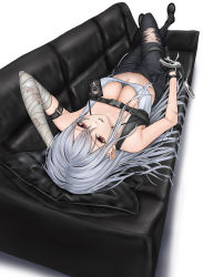 Rule 34 | 1girl, absurdres, azur lane, bandages, bandaged arm, bandages, bare shoulders, black gloves, black pants, breasts, cleavage, couch, crop top, gloves, hair between eyes, highres, large breasts, long hair, looking at viewer, navel, on couch, pants, red eyes, shirt, silver hair, solo, sovetskaya rossiya (azur lane), sovetskaya rossiya (the lackadaisical lookout) (azur lane), torn clothes, very long hair, you