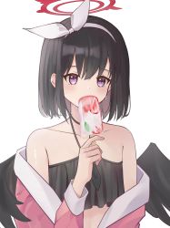 Rule 34 | 1girl, absurdres, bikini, black bikini, black choker, black hair, black wings, blue archive, blush, bob cut, choker, collarbone, commentary, covered mouth, english commentary, feathered wings, food, hair between eyes, hair ribbon, hairband, halo, halterneck, hand up, highres, holding, holding food, ice cream, jacket, jessmka7, looking at viewer, mashiro (blue archive), mashiro (swimsuit) (blue archive), off shoulder, open clothes, open jacket, pink jacket, purple eyes, ribbon, simple background, solo, swimsuit, upper body, white background, white hairband, white ribbon, winged halo, wings