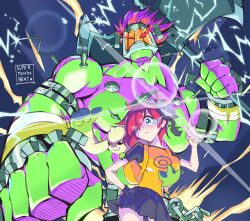 Rule 34 | aiba ami, axe, blue eyes, boltmon, digimon, digimon story: cyber sleuth, goggles, goggles on head, grabbing, grabbing another&#039;s breast, highres, holding, holding weapon, horns, long hair, mask, red hair, sidetail, skirt, supermondobeat, terriermon, weapon
