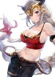 Rule 34 | 1girl, aliza (granblue fantasy), armpits, bare shoulders, blush, braid, breasts, cleavage, collarbone, draph, granblue fantasy, hair pulled back, highres, hip focus, horns, large breasts, long hair, looking at viewer, midriff, navel, pointy ears, red eyes, silver hair, simple background, smile, solo, takeashiro, white background