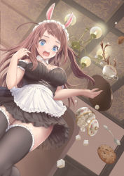 Rule 34 | 1girl, absurdres, animal ears, apron, black dress, black thighhighs, blue eyes, breasts, brown hair, ceiling, chandelier, cleavage, cookie, cup, dress, food, frilled apron, frills, highres, indoors, large breasts, long hair, maid, minamoto sakura, one side up, open mouth, rabbit ears, round teeth, saki44201253, side ponytail, solo, spill, spoon, sugar cube, teacup, teeth, thighhighs, tray, upper teeth only, waist apron, white apron, zombie land saga
