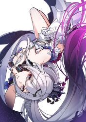 1girl absurdres bare_shoulders breasts cleavage commentary dress dress_flower flower gradient_hair hair_ornament high_ponytail highres honkai_(series) honkai_impact_3rd kamishiro_noa kiana_kaslana kiana_kaslana_(herrscher_of_finality) long_hair multicolored_hair parted_lips ponytail purple_hair sideways simple_background solo very_long_hair white_background white_dress white_hair