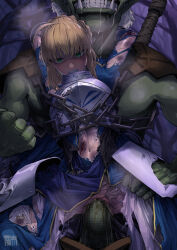 Rule 34 | absurdres, artoria pendragon (all), artoria pendragon (fate), blonde hair, censored, chain, clenched teeth, defeat, fate (series), goblin, goblin male, green eyes, highres, injury, monster, penis, rape, ryona, saber (fate), shitappa0120, teeth, torn clothes, vaginal