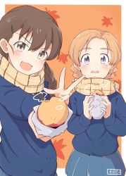 Rule 34 | 10s, 2girls, artist name, blue skirt, blue sweater, blush, braid, brown eyes, brown hair, cbgb, commentary, fang, food, foreshortening, frown, girls und panzer, hair ornament, hair over shoulder, hairclip, highres, holding, holding food, leaf print, long hair, long sleeves, looking at viewer, miniskirt, multiple girls, open mouth, orange background, orange pekoe (girls und panzer), outside border, parted bangs, plaid, plaid scarf, pleated skirt, potato, rukuriri (girls und panzer), scarf, school uniform, short hair, single braid, skirt, smile, st. gloriana&#039;s school uniform, standing, steam, sweater, w, wavy mouth, yellow scarf