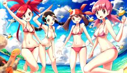 Rule 34 | 4girls, :d, ;d, arm up, armpits, ass, bad id, bad pixiv id, bandana, bare shoulders, barefoot, beach, bikini, black hair, blue bikini, blue sky, breasts, brown hair, candice (pokemon), cleavage, clenched hands, cloud, collarbone, cowboy shot, creatures (company), day, eyebrows hidden by hair, fisheye, flannery (pokemon), flying, game freak, gen 3 pokemon, grey hair, groin, gym leader, hair between eyes, hair ornament, hair strand, hairclip, hand on own thigh, highres, horizon, island, large breasts, leaning forward, looking at viewer, low twintails, may (pokemon), midriff, multi-tied hair, multiple girls, navel, nintendo, ocean, one eye closed, open mouth, outdoors, pelipper, pink bikini, pink eyes, pink hair, pokemon, pokemon (creature), pokemon dppt, pokemon gsc, pokemon rse, red bandana, red bikini, red hair, rowdon, sand, sidelocks, sky, small breasts, smile, standing, standing on one leg, steam, sunlight, swept bangs, swimsuit, teeth, torkoal, twintails, upper teeth only, whitney (pokemon), wingull, yellow eyes