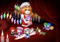 Rule 34 | 1girl, :3, :d, :o, barefoot, bat wings, bed, beret, blunt bangs, blush, bow, braid, candle, candlelight, canopy bed, character doll, chinese clothes, cirno, crescent, crystal, daiyousei, dress, embodiment of scarlet devil, fang, flandre scarlet, frilled skirt, frills, full body, green bow, hair bow, hat, head wings, hong meiling, indoors, izayoi sakuya, jitome, knifed, koakuma, looking at viewer, lying, maid, maid headdress, mob cap, nail polish, open mouth, orange hair, patchouli knowledge, pillow, pointy ears, puffy short sleeves, puffy sleeves, red eyes, red nails, red skirt, red vest, remilia scarlet, rumia, short sleeves, side ponytail, sitting, skirt, smile, solo, touhou, twin braids, vermeith, vest, wings, wrist cuffs, yokozuwari