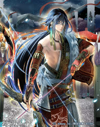 Rule 34 | 1boy, arrow (projectile), banner, blue eyes, blue hair, bow (weapon), copyright name, earrings, feathers, fur trim, glasses, gloves, japanese clothes, jewelry, long hair, looking at viewer, male focus, matching hair/eyes, necklace, official art, original, ponytail, shiroton (kazamineko), solo, weapon