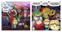Rule 34 | 5boys, 5girls, abel hagen, animal crossing, bird, breasts, christmas, christmas tree, cleavage, comic, cup, donkey kong (series), donkey kong country, dress, drink, drinking glass, formal, frown, funky kong, gift, gloves, green eyes, green hair, grin, hand on own hip, hat, highres, kid icarus, kid icarus uprising, king dedede, long hair, luma (mario), medium breasts, multiple boys, multiple girls, nintendo, open mouth, pac-man, pac-man (game), palutena, party, penguin, red skirt, santa costume, santa hat, skirt, smile, speech bubble, standing, suit, sunglasses, super smash bros., sweat, wine glass