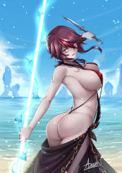 Rule 34 | 1girl, adsouto, arm up, ass, bare shoulders, breasts, covered erect nipples, cowboy shot, dagger, genshin impact, gloves, gradient background, highres, holding, holding weapon, jewelry, knife, large breasts, looking at viewer, parted lips, red eyes, red hair, rosaria (genshin impact), sarong, short hair, slingshot swimsuit, solo, standing, swimsuit, weapon
