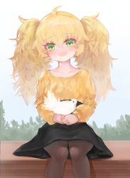 Rule 34 | 1girl, :d, ahoge, animal, animal on hand, bad id, bad pixiv id, bird, bird on hand, black pantyhose, black skirt, blonde hair, blue sky, collarbone, commentary request, day, dokomon, fang, girls&#039; frontline, green eyes, hair between eyes, hairband, highres, korean commentary, long hair, long sleeves, looking at viewer, open mouth, outdoors, own hands together, pantyhose, s.a.t.8 (girls&#039; frontline), shirt, sketch, skirt, sky, smile, solo, twintails, very long hair, yellow hairband, yellow shirt