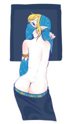 Rule 34 | 1boy, ass, back, blonde hair, blue eyes, butt crack, circlet, clothes pull, detached sleeves, gerudo set (zelda), highres, link, looking back, male focus, nintendo, official alternate costume, pants, pants pull, pointy ears, shizaya-kun, solo, the legend of zelda, the legend of zelda: breath of the wild, trap, veil