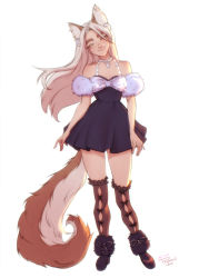Rule 34 | 1girl, animal ears, black dress, black footwear, boots, brown thighhighs, dress, earrings, closed eyes, facing viewer, fox ears, fox tail, freckles, full body, fur boots, head tilt, highres, jewelry, long hair, losse (personal ami), necklace, original, over-kneehighs, personal ami, short dress, signature, simple background, smile, solo, tail, thighhighs, white background, white hair