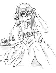 Rule 34 | 1girl, antenna hair, bad id, bags under eyes, bb (baalbuddy), blunt bangs, camisole, clock, closed mouth, clothes writing, digital clock, feet out of frame, frown, glasses, greyscale, hand up, headphones, highres, inactive account, monochrome, neet, off-shoulder shirt, off shoulder, persona, persona 5, round eyewear, sakura futaba, shirt, simple background, sitting, solo, waking up, white background