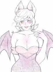 Rule 34 | 1girl, animal ears, bare shoulders, bat ears, bat girl, bat wings, breasts, cleavage, collarbone, elbow gloves, fangs, gloves, green eyes, highres, humanization, large breasts, lips, messy hair, mole, mole under eye, mole under mouth, open mouth, rouge the bat, short hair, sketch, solo, sonic (series), swept bangs, tabletorgy, teeth, upper teeth only, white gloves, white hair, wings