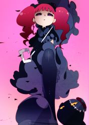 Rule 34 | 1girl, black dress, black eyes, black footwear, black gloves, black headwear, black pantyhose, blunt bangs, colored sclera, dress, drill hair, female focus, flat chest, foot up, foreshortening, from below, gloves, gothic lolita, gradient background, half-closed eyes, hat, highres, holding, idkuroi, lolita fashion, long hair, looking at viewer, looking down, marie &amp; gali, marika (marie &amp; gali), mini hat, mole, mole under eye, open mouth, pantyhose, pet (marie &amp; gali), pink background, pink hair, purple eyes, shiny clothes, shoes, short sleeves, smile, solo focus, standing, stitches, tilted headwear, twin drills, twintails, umbrella, yellow sclera