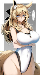 Rule 34 | ..., 1girl, alternate costume, animal ear fluff, animal ears, arknights, black ribbon, blonde hair, blue eyes, breasts, cleavage, closed mouth, competition swimsuit, covered navel, gin moku, highres, horse girl, horse tail, large breasts, long hair, looking at viewer, one-piece swimsuit, ribbon, shaded face, simple background, solo, spoken ellipsis, swimsuit, tail, whislash (arknights)