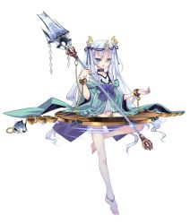 Rule 34 | 1girl, anklet, bare legs, barefoot, blue eyes, dress, fish, full body, hair ribbon, highres, holding, holding weapon, jewelry, leg up, long hair, looking at viewer, open mouth, polearm, purple ribbon, ribbon, shirohime quest, silver hair, simple background, smile, solo, very long hair, weapon, white background