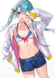 Rule 34 | 1girl, ;d, alternate eye color, aqua hair, arm up, bikini, bikini top only, blue shorts, blush, breasts, collarbone, commentary request, cowboy shot, denim, denim shorts, drawstring, earrings, fortissimo, grey jacket, hair ornament, hairclip, hand in pocket, hatsune miku, highres, jacket, jewelry, long hair, looking at viewer, musical note, musical note hair ornament, nail polish, navel, nishizawa, number tattoo, one eye closed, open clothes, open jacket, open mouth, pink eyes, pink nails, short shorts, shorts, sleeves past wrists, small breasts, smile, solo, stomach, stomach tattoo, swimsuit, tattoo, twintails, v, vocaloid, white bikini