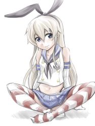 Rule 34 | 1girl, anchor hair ornament, black hairband, black neckerchief, black panties, blonde hair, blue sailor collar, blue skirt, crop top, elbow gloves, full body, gloves, grey eyes, hair ornament, hairband, highleg, highleg panties, indian style, inoue kousei, kantai collection, long hair, looking at viewer, microskirt, miniskirt, neckerchief, panties, sailor collar, shimakaze (kancolle), sitting, skirt, sleeveless, smile, solo, striped clothes, striped thighhighs, thighhighs, underwear, white background, white gloves