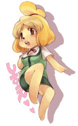 Rule 34 | 1girl, animal crossing, animal hands, artist request, barefoot, breasts, feet, female focus, full body, furry, furry female, isabelle (animal crossing), nintendo, skirt, solo, text focus, toes, translation request, white background