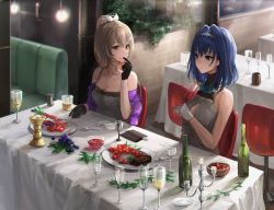 Rule 34 | 2girls, absurdres, black gloves, blue hair, bottle, brown hair, candlestand, chair, chan1moon, cup, dinner, drinking glass, food, food on face, fruit, gloves, grapes, highres, hololive, hololive english, medium hair, multiple girls, nanashi mumei, ouro kronii, sitting, smile, table, tablecloth, utensil, virtual youtuber, white gloves, wine glass