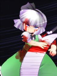Rule 34 | 1girl, bad id, bad pixiv id, blood, blood on clothes, blood on face, doku corne, dress, female focus, guro, katana, konpaku youmu, looking at viewer, pov, severed arm, severed limb, silver hair, solo, sweat, sword, torn clothes, touhou, weapon