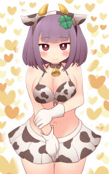 Rule 34 | 1girl, animal ears, animal print, bell, bikini, bikini top only, blunt bangs, blush, breasts, cleavage, clover, clover hair ornament, collar, cow ears, cow horns, cow print, fake animal ears, fake horns, four-leaf clover, four-leaf clover hair ornament, gloves, hair ornament, heart, heart background, highres, horns, large breasts, looking at viewer, neck bell, original, pink eyes, purple hair, short hair, simoyuki, simple background, skirt, smile, solo, sweat, swimsuit, wavy mouth, white gloves