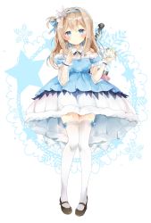 Rule 34 | 1girl, absurdres, bad id, bad pixiv id, bare shoulders, black footwear, blue bow, blue dress, blue eyes, blue hair, blue hairband, blue sleeves, blush, bow, brown hair, closed mouth, commentary request, detached sleeves, dress, full body, fur-trimmed dress, fur-trimmed sleeves, fur trim, girls&#039; frontline, hair intakes, hair ornament, hairband, hands up, highres, holding, long hair, long sleeves, multicolored hair, off-shoulder dress, off shoulder, official alternate costume, pigeon-toed, puffy long sleeves, puffy short sleeves, puffy sleeves, shoes, short sleeves, smile, snowflake hair ornament, snowflakes, solo, standing, suomi (girls&#039; frontline), suomi (korvatunturi pixie) (girls&#039; frontline), thighhighs, tsukiyo (skymint), two-tone hair, weapon, weapon on back, white background, white thighhighs