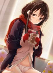 Rule 34 | 1girl, black hair, black socks, blush, bow, brown eyes, buttons, closed mouth, cup, enpera, gloves, highres, holding mug, indoors, long hair, looking at viewer, mug, navel, no pants, original, panties, pillow, red bow, red gloves, red scarf, scarf, school uniform, sitting, socks, solo, star (symbol), steam, striped clothes, striped panties, underwear, uzuki hiro