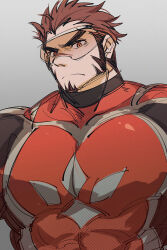Rule 34 | 1boy, akashi (live a hero), artist request, bara, bodysuit, facial hair, frown, goatee, highres, huge eyebrows, large pectorals, live a hero, long sideburns, looking at viewer, male focus, mature male, muscular, muscular male, pectorals, red bodysuit, red eyes, red hair, scar, scar on face, scar on nose, serious, short hair, sideburns, sketch, solo, thick eyebrows, upper body