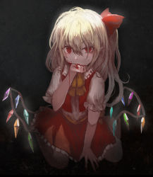Rule 34 | 1girl, ascot, biting hand, blonde hair, blood, blood on face, blood on hands, bloom, bow, commentary request, crystal, dark background, flandre scarlet, flat chest, frilled shirt collar, frills, full body, hair between eyes, hair bow, hand up, highres, looking at viewer, medium hair, no headwear, one side up, petticoat, pointy ears, puffy short sleeves, puffy sleeves, red bow, red eyes, red skirt, red vest, short sleeves, simple background, sitting, skirt, slit pupils, solo, ten (cherry61897), touhou, uneven eyes, vest, wariza, wings, yellow ascot