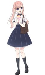 Rule 34 | 10s, 1girl, bag, black footwear, blue eyes, crepe, food, full body, kneehighs, koi to uso, mary janes, official art, open mouth, pink hair, sanada ririna, shoes, shoulder bag, socks, solo, transparent background, twintails