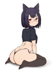 Rule 34 | 1girl, :/, animal ears, ass, black hair, black thighhighs, cat girl, child, frown, full body, glasses, houtengeki, looking at viewer, monster, navel, original, red eyes, short hair, simple background, sitting, solo, stomach, thighhighs, wariza, white background