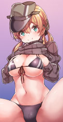 Rule 34 | 1girl, anchor hair ornament, aqua eyes, bikini, bikini under clothes, black bikini, blonde hair, breasts, collarbone, front-tie top, gradient background, grey sweater, hair ornament, hat, highres, kantai collection, konnyaku (kk-monmon), large breasts, military hat, navel, peaked cap, prinz eugen (kancolle), purple background, ribbed sweater, sitting, solo, spread legs, sweater, swimsuit, swimsuit under clothes, twintails