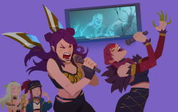 Rule 34 | 4girls, ahri (league of legends), akali, animal ears, blonde hair, breasts, brown hair, cameo, claw (weapon), commentary, company connection, covering own ears, detached sleeves, double bun, english commentary, evelynn (league of legends), closed eyes, facial mark, feather boa, flat color, fox ears, glasses, idol, jewelry, k/da (league of legends), k/da ahri, k/da akali, k/da evelynn, k/da kai&#039;sa, kai&#039;sa, karaoke, karthus, league of legends, lipstick, long hair, makeup, medium breasts, multiple girls, music, necklace, open mouth, pentakill (league of legends), pentakill karthus, pentakill yorick, pince-nez, purple hair, purple lips, red hair, screaming, singing, subtitled, suqling, weapon, whisker markings