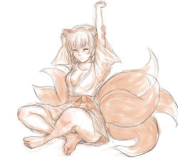 Rule 34 | 1girl, alternate costume, animal ears, barefoot, breasts, cleavage, closed eyes, feet, fox ears, fox tail, full body, highres, indian style, japanese clothes, kimono, kuro suto sukii, large breasts, monochrome, multiple tails, no headwear, sash, simple background, sitting, sketch, solo, stretching, tail, touhou, white background, yakumo ran, yukata