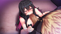 Rule 34 | 1girl, arata, blush, breasts, breasts out, censored, coat, fellatio, from above, hair between eyes, highres, legs, long hair, medium breasts, mosaic censoring, multicolored hair, nose blush, oral, orange eyes, pasties, penis, ren (witch&#039;s weapon), saliva, simple background, squatting, standing, sweat, tears, thighs, two-tone hair, witch&#039;s weapon