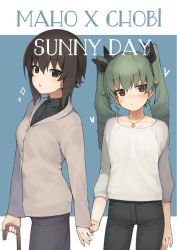 Rule 34 | 10s, 2girls, anchovy (girls und panzer), black shirt, blouse, blush, brown eyes, brown hair, cane, casual, character name, clothes grab, collared shirt, commentary request, cover, cover page, cowboy shot, drill hair, english text, girls und panzer, green hair, grey shirt, hair between eyes, head tilt, heart, highres, holding hands, jewelry, long hair, long sleeves, looking away, medium hair, multiple girls, necklace, nishizumi maho, open mouth, sample watermark, seramikku, shirt, sleeve grab, twin drills, watermark, yuri