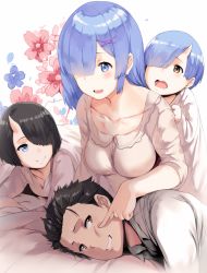 Rule 34 | 10s, 2boys, 2girls, :d, alternate hair length, alternate hairstyle, alternate universe, bed sheet, black hair, blanket, blue eyes, blue hair, blush, breasts, brother and sister, cheek poking, child, clenched hand, closed mouth, collarbone, eyelashes, family, father and daughter, father and son, floral background, grin, hair ornament, hair over one eye, happy, hetero, hews, horns, husband and wife, if they mated, lingerie, long hair, long sleeves, looking at another, looking to the side, lying, matching hair/eyes, medium breasts, mother and daughter, mother and son, multiple boys, multiple girls, natsuki rigel (re:zero), natsuki spica, natsuki subaru, negligee, nightgown, on bed, on side, on stomach, one eye covered, oni, oni horns, open mouth, poking, re:zero kara hajimeru isekai seikatsu, rem (re:zero), short hair, siblings, single horn, sleepwear, sleeves past elbows, smile, spoilers, underwear, white background, x hair ornament, yellow eyes
