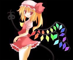 Rule 34 | 1girl, black background, blouse, female focus, flandre scarlet, from side, gorujitai, hat, laevatein, mob cap, rainbow order, shirt, solo, touhou, white hat, white shirt, wings