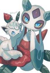 Rule 34 | alolan form, alolan vulpix, blue eyes, closed mouth, colored sclera, commentary request, creatures (company), flower, froslass, game freak, gen 4 pokemon, gen 7 pokemon, hand up, highres, looking at viewer, nintendo, no humans, pokemon, pokemon (creature), red flower, simple background, white background, yellow sclera, yukifuri tsuyu