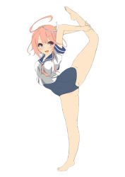 Rule 34 | 1girl, ahoge, barefoot, blue sailor collar, commentary request, flat color, full body, i-58 (kancolle), kantai collection, neckerchief, pink eyes, pink hair, pink neckerchief, sailor collar, sailor shirt, school swimsuit, school uniform, serafuku, shirt, short hair, simple background, solo, standing, standing on one leg, swimsuit, swimsuit under clothes, unfinished, unomi, white background