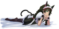 Rule 34 | 1girl, ahoge, animal ears, braid, braided ponytail, cat ears, cat tail, frills, green eyes, green hair, hair ornament, highres, hiyajou maho, long hair, looking at viewer, lying, maid, menomorute, messy hair, on stomach, own hands together, pantyhose, solo, steins;gate, steins;gate 0, tagme, tail, very long hair, white background