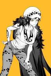 Rule 34 | 1girl, bare arms, black hair, chest tattoo, coat, coat on shoulders, dated, fur-trimmed coat, fur trim, genderswap, genderswap (mtf), hand on own knee, hand tattoo, hat, highres, monochrome, one piece, pants, short hair, shoulder tattoo, simple background, solo, tank top, tattoo, trafalgar law, xuchuan, yellow background, yellow eyes