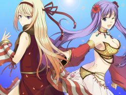 Rule 34 | 2girls, ;d, animal, animal around neck, ass, bangle, bikini, blonde hair, blue background, bracelet, breasts, butt crack, cleavage, closed mouth, commentary request, cowboy shot, detached sleeves, dress, flower, fox, gem, gypsy (ragnarok online), hair between eyes, hair flower, hair ornament, hair ribbon, hairband, jewelry, lens flare, long hair, looking at viewer, looking back, medium breasts, multiple girls, necklace, one eye closed, open mouth, pants, professor (ragnarok online), purple eyes, purple hair, ragnarok online, red dress, red flower, red hairband, red ribbon, red sleeves, ribbon, sasai saki, sequins, sleeveless, sleeveless dress, smile, striped sleeves, swimsuit, twintails, white pants, white sleeves, yellow bikini