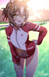 Rule 34 | 1girl, animal ears, bloomers, blush, commentary request, fine motion (umamusume), folded ponytail, hair between eyes, hair ornament, highres, horse ears, horse girl, jacket, lens flare, looking at viewer, open mouth, racetrack, sayossa (pak-front), signature, solo, sweatdrop, track jacket, umamusume, underwear