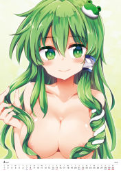 Rule 34 | 1girl, blush, breasts, collarbone, commentary request, frog hair ornament, gradient background, green background, green eyes, green hair, hair between eyes, hair censor, hair ornament, hair tubes, kochiya sanae, large breasts, looking at viewer, maturiuta sorato, nipples, smile, snake hair ornament, solo, touhou, white background, yellow background