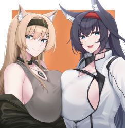 Rule 34 | 2girls, :d, absurdres, animal ear fluff, animal ears, arknights, bare shoulders, black choker, black hair, black hairband, blaze (arknights), blue eyes, breast press, breasts, cat ears, choker, commentary, grey tank top, hair ornament, hairband, hairclip, highres, horn (arknights), huge breasts, jacket, kanta (kanta 077), long hair, looking at viewer, multiple girls, off shoulder, open mouth, red hairband, simple background, smile, symmetrical docking, tank top, upper body, very long hair, white jacket, white tank top, wolf ears